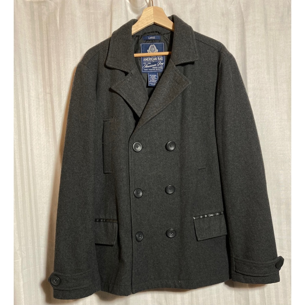 American Rag‎ Mens Wool Blend Pea Coat Charcoal Gray Double Breasted Academia L